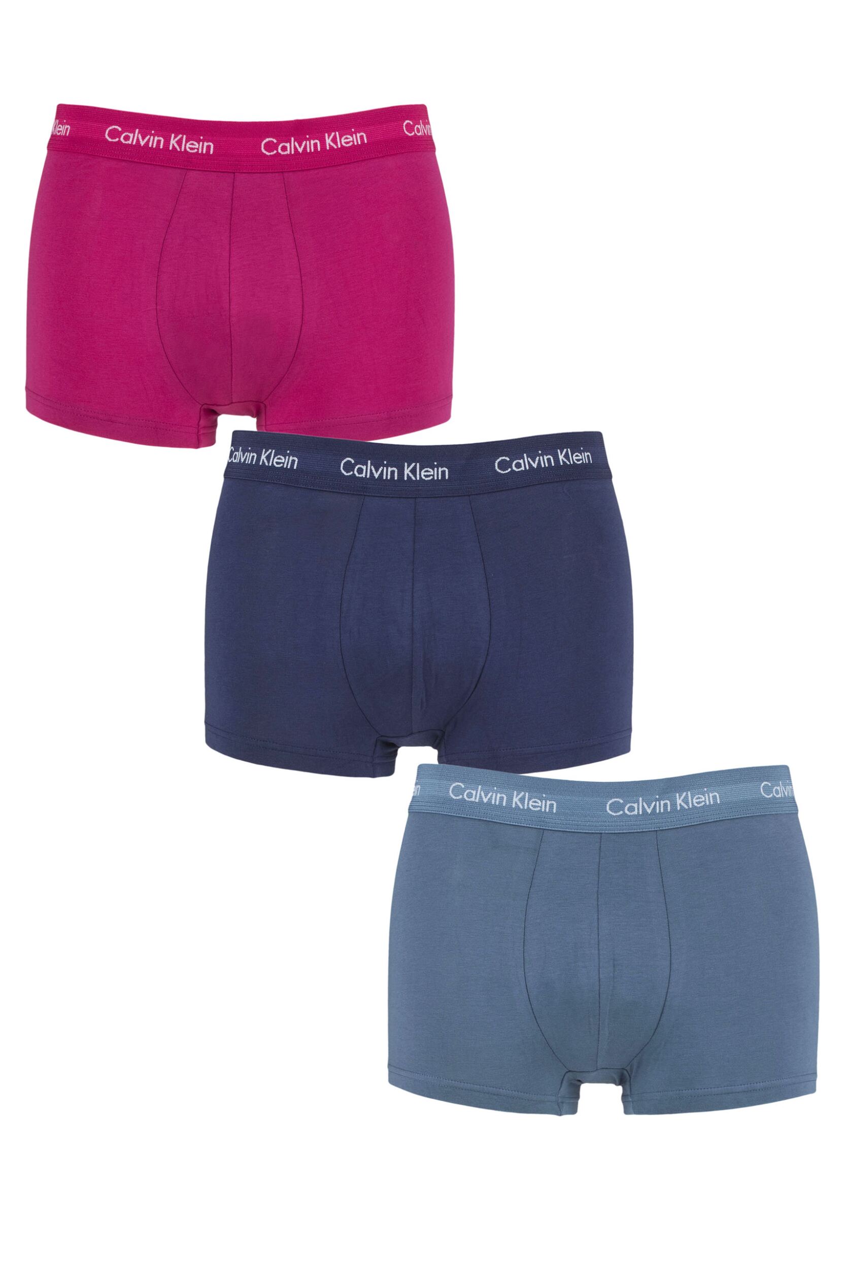 Mens 3 Pair Calvin Klein Low Rise Trunks Plumberry / Chino Blue / Riverbed Extra Small