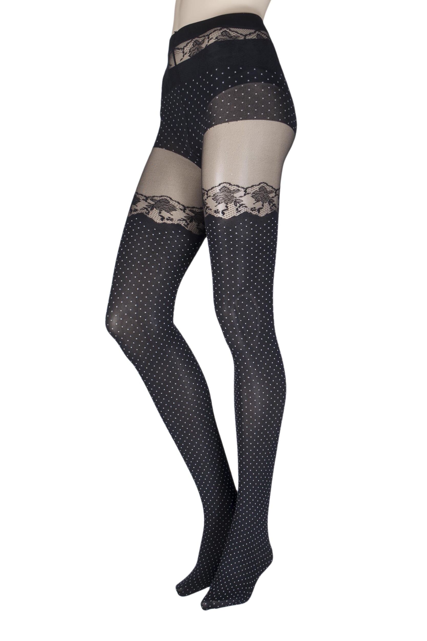 Image of Ladies 1 Pair Oroblu Eleonor Spot and Lace Mock Hold Up Tights