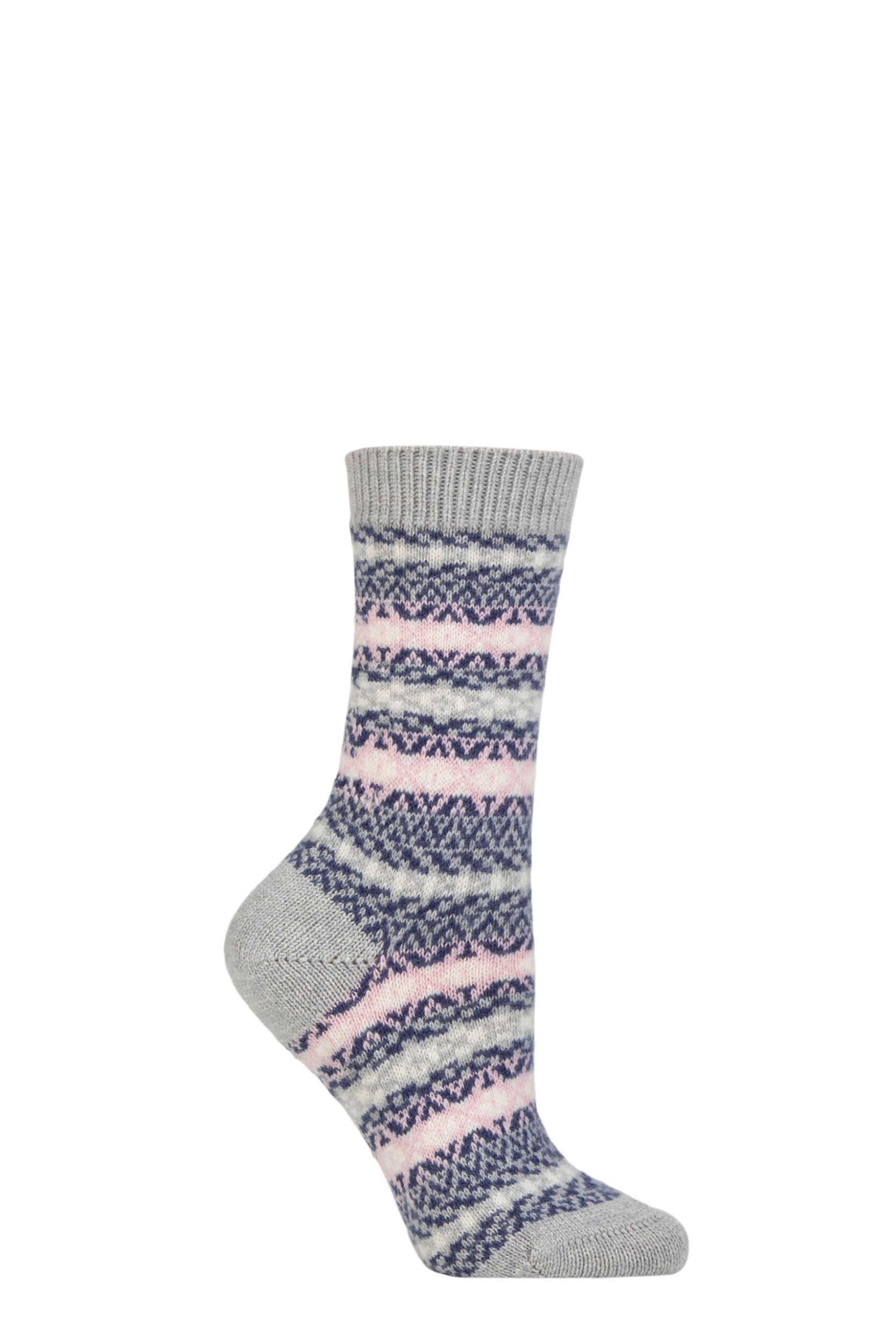 Women's 1 Pair Pantherella Skye 85% Cashmere Traditional Fair Isle Socks Light Grey 4-7 Ladies