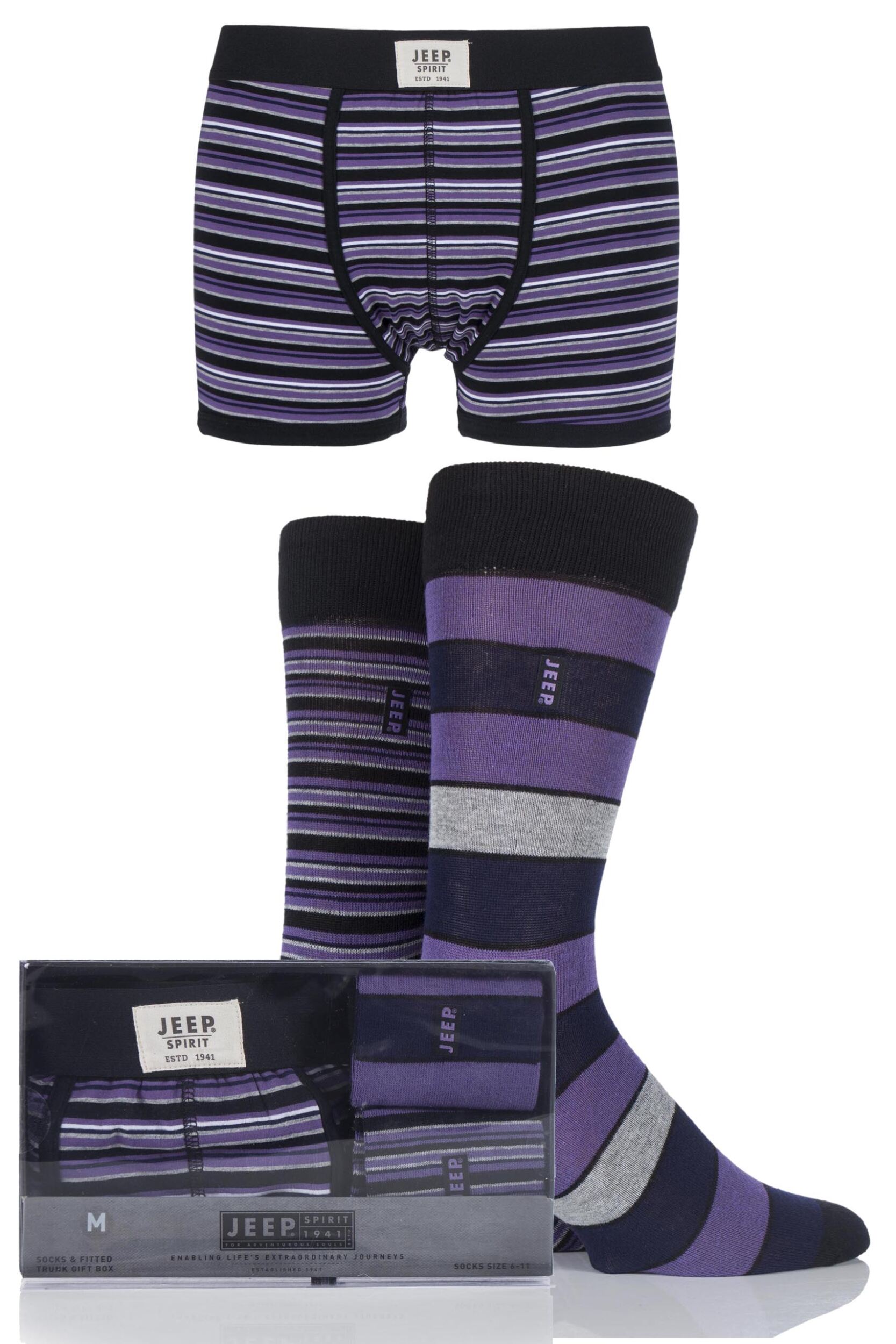 3 Pack - Trunks x 1 and Socks x 2 Pair Black / Purple / Grey Spirit Gift Boxed Mixed Striped Trunks and Socks Men's Small - Jeep