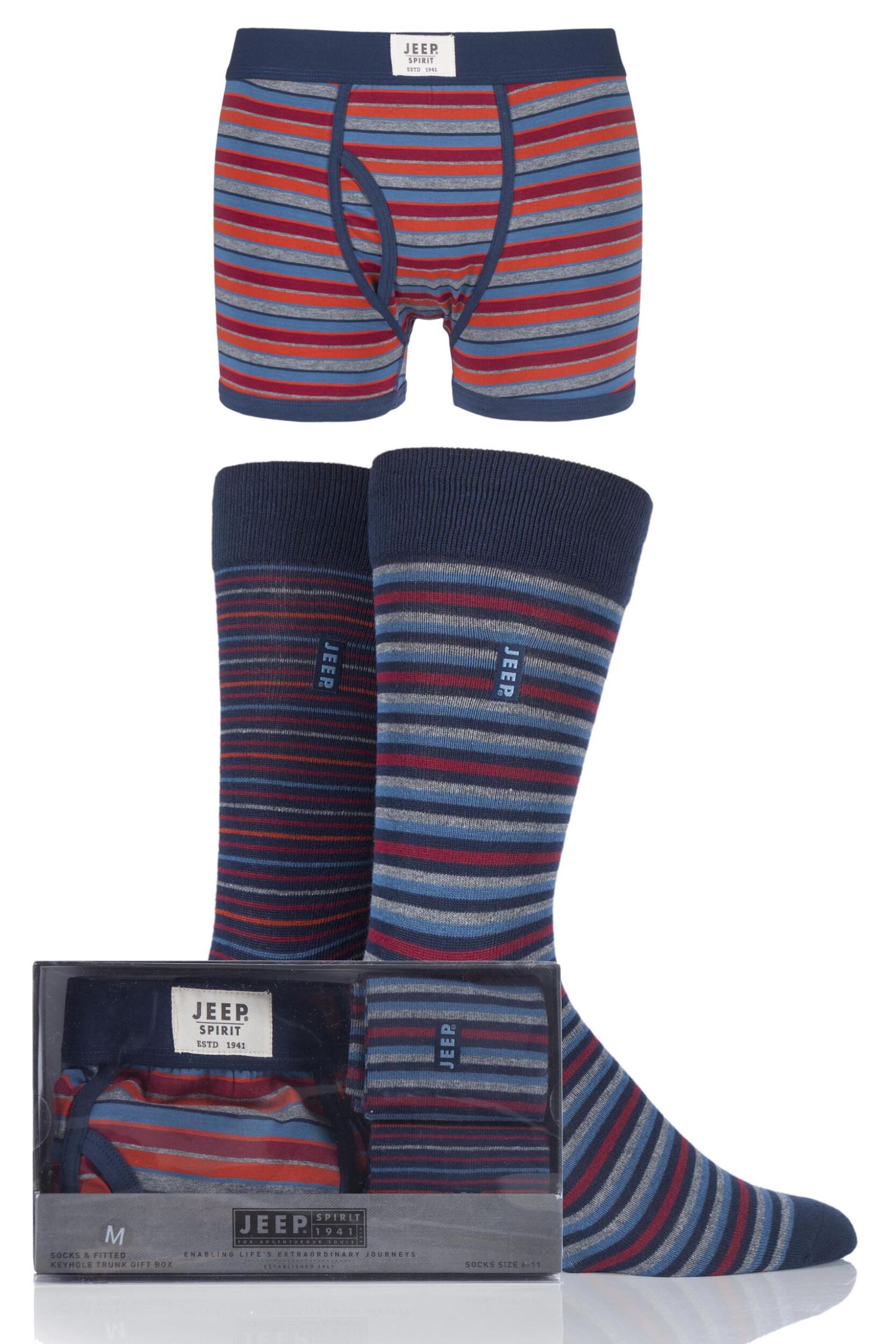 3 Pack - Trunks x 1 and Socks x 2 Pair Navy / Red / Grey Spirit Gift Boxed Striped Trunks and Socks Men's Small - Jeep