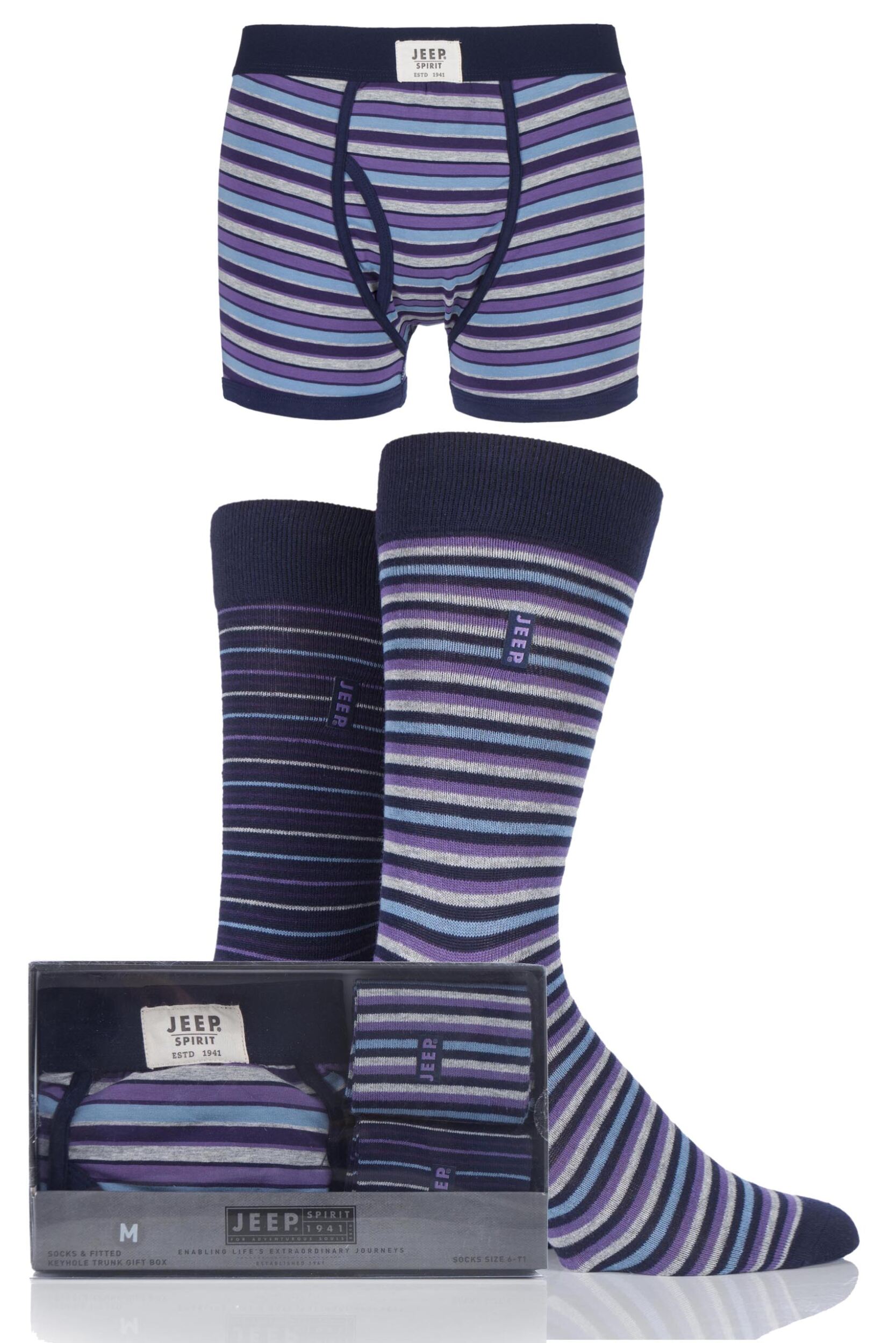 3 Pack - Trunks x 1 and Socks x 2 Pair Purple / Denim Spirit Gift Boxed Striped Trunks and Socks Men's Small - Jeep