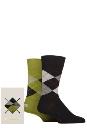 Mens 2 Pair Burlington Argyle Gift Boxed Cotton Socks Navy / Green 6.5-11 Mens