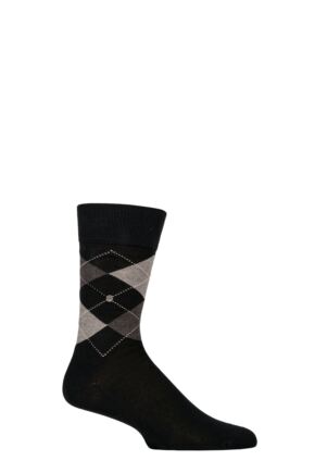 Mens 1 Pair Burlington Manchester Argyle Cotton Socks Black / Greys 11-14 Mens