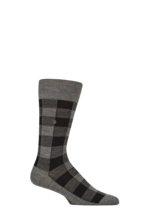 Mens 1 Pair Burlington We Care Buffalo Check Virgin Wool Socks Grey 6.5-11 Mens