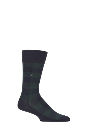 Mens 1 Pair Burlington We Care Buffalo Check Virgin Wool Socks Navy 6.5-11 Mens