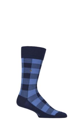 Mens 1 Pair Burlington We Care Buffalo Check Virgin Wool Socks Blue 6.5-11 Mens