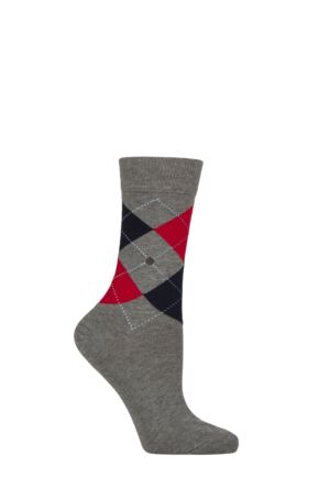 Women's 1 Pair Burlington Queen Argyle Cotton Socks Grey Navy 3.5-7 Women's