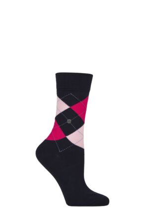 Women's 1 Pair Burlington Queen Argyle Cotton Socks Navy Pinks 3.5-7 Women's