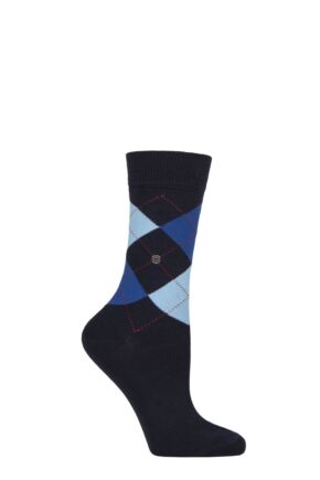 Women's 1 Pair Burlington Queen Argyle Cotton Socks Navy Blues 7.5-10.5 Women's