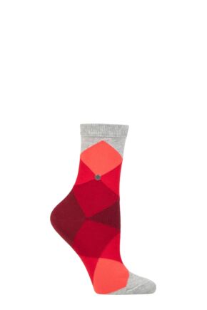 Women's 1 Pair Burlington Bonnie Cotton All Over Blend Argyle Socks Reds 3.5-7