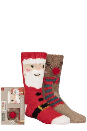 Boys and Girls 2 Pair Totes Chunky Christmas Novelty Slipper Socks with Pom Pom Detail Santa / Reindeer 4-6 Years