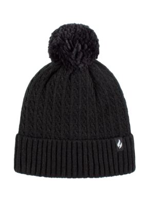 Women's 1 Pack Heat Holders Ellery Cable Turnover Cuff Pom Pom Hat Black One Size