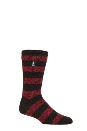 Mens 1 Pair SOCKSHOP Heat Holders 2.3 TOG Patterned and Plain Thermal Socks Palermo Chunky Stripe Charcoal / Red 6-11