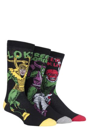 Mens 3 Pair SOCKSHOP Marvel Villains Green Goblin, Red Skull and Loki Cotton Socks