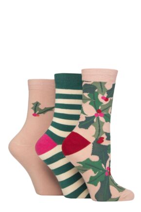 Women's 3 Pair Caroline Gardner Christmas Patterned Cotton Socks