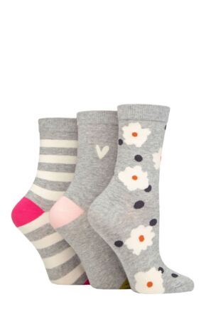 Women's 3 Pair Caroline Gardner Patterned Cotton Socks Flower and Spot Light Grey 4-8 Ladies