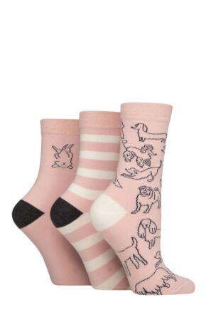 Women's 3 Pair Caroline Gardner Patterned Cotton Socks Dog Outline Pink 4-8 Women's