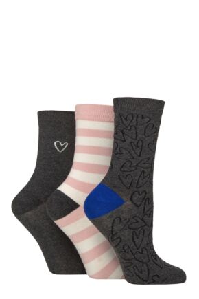 Women's 3 Pair Caroline Gardner Patterned Cotton Socks Small Heart Outline Charcoal 4-8 Women's