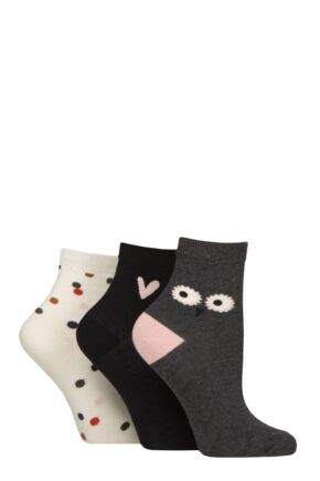 Women's 3 Pair Caroline Gardner Cotton Patterned Mid Length Crew Socks Owl / Heart / Spots 4-8 Women's