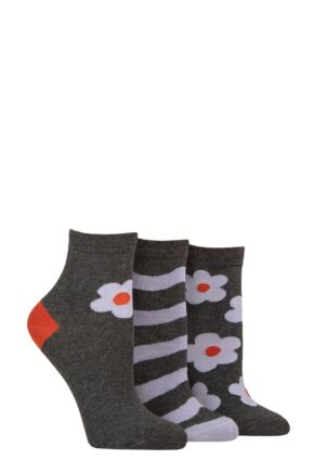 Women's 3 Pair Caroline Gardner Cotton Patterned Mid Length Crew Socks Charcoal / Lilac Flowers 4-8 Women's