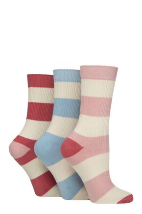 Women's 3 Pair Glenmuir Bamboo Leisure Socks Stripes Pink / Blue / Cream 4-8 Women's