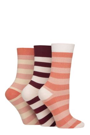 Women's 3 Pair Glenmuir Bamboo Leisure Socks Stripes Pink / Burgundy 4-8 Women's