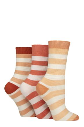 Women's 3 Pair Glenmuir Bamboo Leisure Socks Stripes Orange / Peach / Cream 4-8 Women's