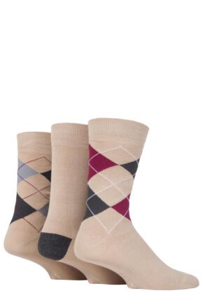 Mens 3 Pair Glenmuir Classic Bamboo Argyle Socks Beige 7-11 Mens