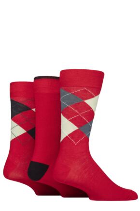 Mens 3 Pair Glenmuir Classic Bamboo Argyle Socks Red Charcoal / Mint 7-11 Mens