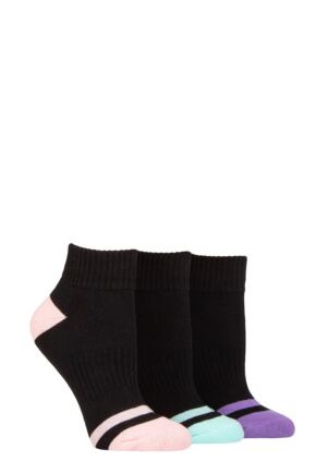 Women's 3 Pair Pringle Quarter Length Cotton Sports Socks Black with Pink / Mint / Purple 4-8