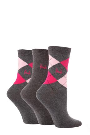 Women's 3 Pair Pringle Louise Argyle Cotton Socks Charcoal / Pinks