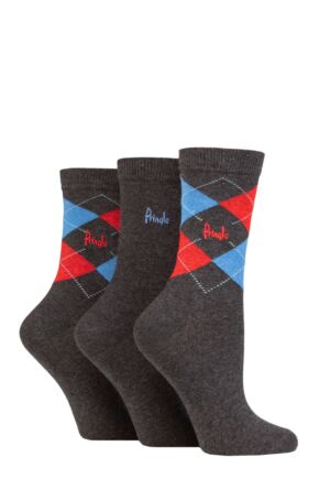 Women's 3 Pair Pringle Patterned Cotton and Recycled Polyester Socks Argyle Charcoal Red / Blue UK 4-8