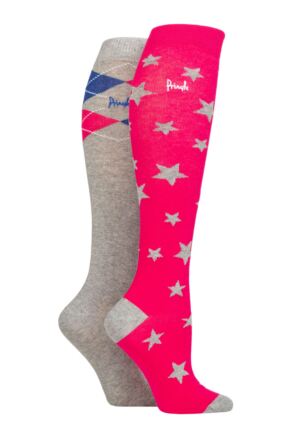 Women's 2 Pair Pringle Country and Equestrian Cotton Knee High Socks Argyle / Stars Pink 4-8 Ladies