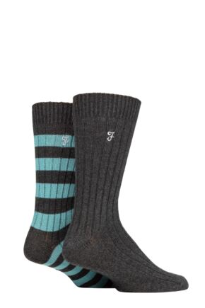 Mens 2 Pair Farah Bamboo Boot Socks Charcoal / Teal 6-11 Mens