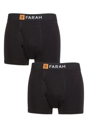 Mens 2 Pack Farah Plain and Striped Cotton Classic Keyhole Trunks Black / Black XL