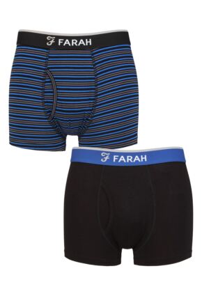 Mens 2 Pair Farah Plain and Stripe Bamboo Keyhole Trunks Stripe Black / Cobalt L