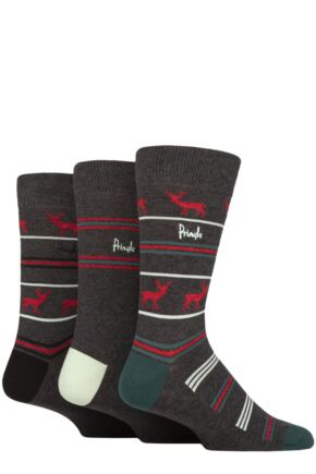 Mens Pringle 3 Pair Christmas Patterned Cotton Socks Deer and Stripes Charcoal 7-11