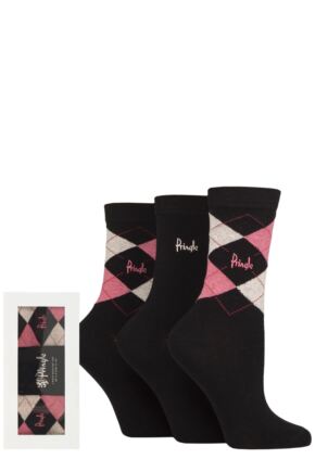 Women's 3 Pair Pringle Gift Boxed Louise Plain and Argyle Cotton Socks