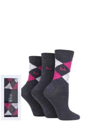 Women's 3 Pair Pringle Gift Boxed Louise Plain and Argyle Cotton Socks