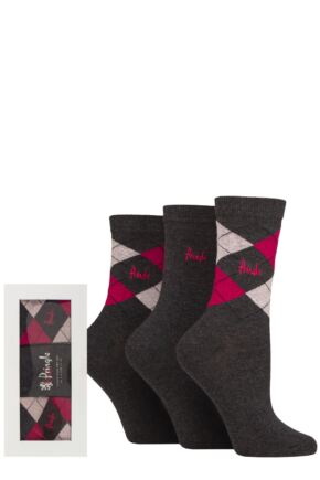 Women's 3 Pair Pringle Gift Boxed Louise Plain and Argyle Cotton Socks