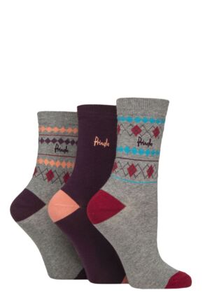 Women's 3 Pair Pringle Christmas Patterned Cotton Socks with Gift Tag