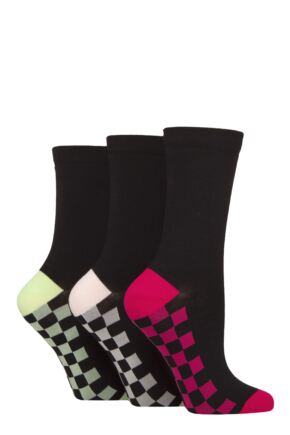 Women's 3 Pair SOCKSHOP Wildfeet Patterned Bamboo Socks Sole Checker Pink / Lime 4-8 Women's