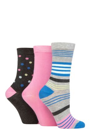 Women's 3 Pair SOCKSHOP Wildfeet Patterned Bamboo Socks Multi Stripe Light Grey 4-8 Ladies