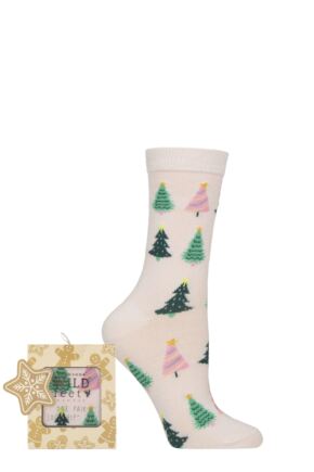 Women's 1 Pair SOCKSHOP Wildfeet Bamboo Christmas Gift Boxed Socks Trees 4-8