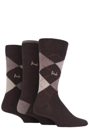 Mens 3 Pair Pringle New Waverley Argyle Patterned and Plain Socks Browns