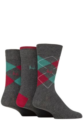 Mens 3 Pair Pringle New Waverley Argyle Patterned and Plain Socks Charcoal Green / Ruby 7-11 Mens