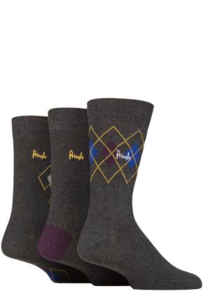 Mens 3 Pair Pringle Cotton and Recycled Polyester Patterned Socks Argyle Charcoal / Blue / Purple 7-11