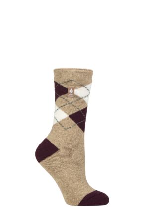 Women's 1 Pair SOCKSHOP Heat Holders 1.6 TOG Lite Patterned and Striped Socks Cali Oat / Cabernet 4-8