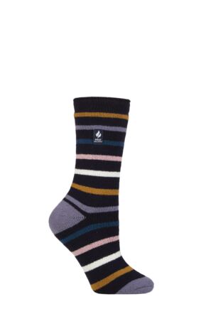 Women's 1 Pair SOCKSHOP Heat Holders 1.6 TOG Lite Patterned and Striped Socks Annika Navy 4-8